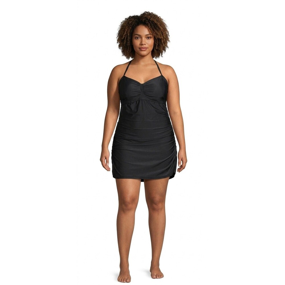 Nicole Miller Women's 1 Piece Ruched Swimdress Black Large